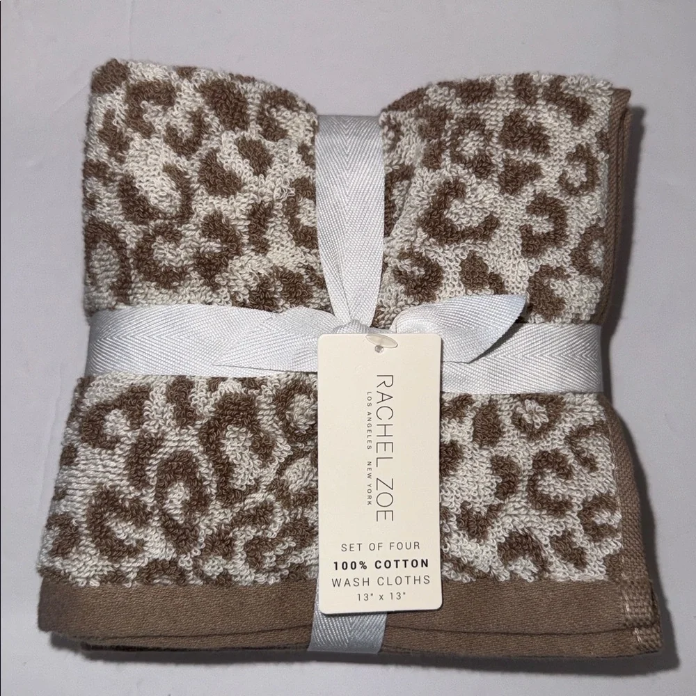 NWT Rachel Zoe 8 Piece 100% Cotton Bath Towel Set Brown Leopard Animal Print